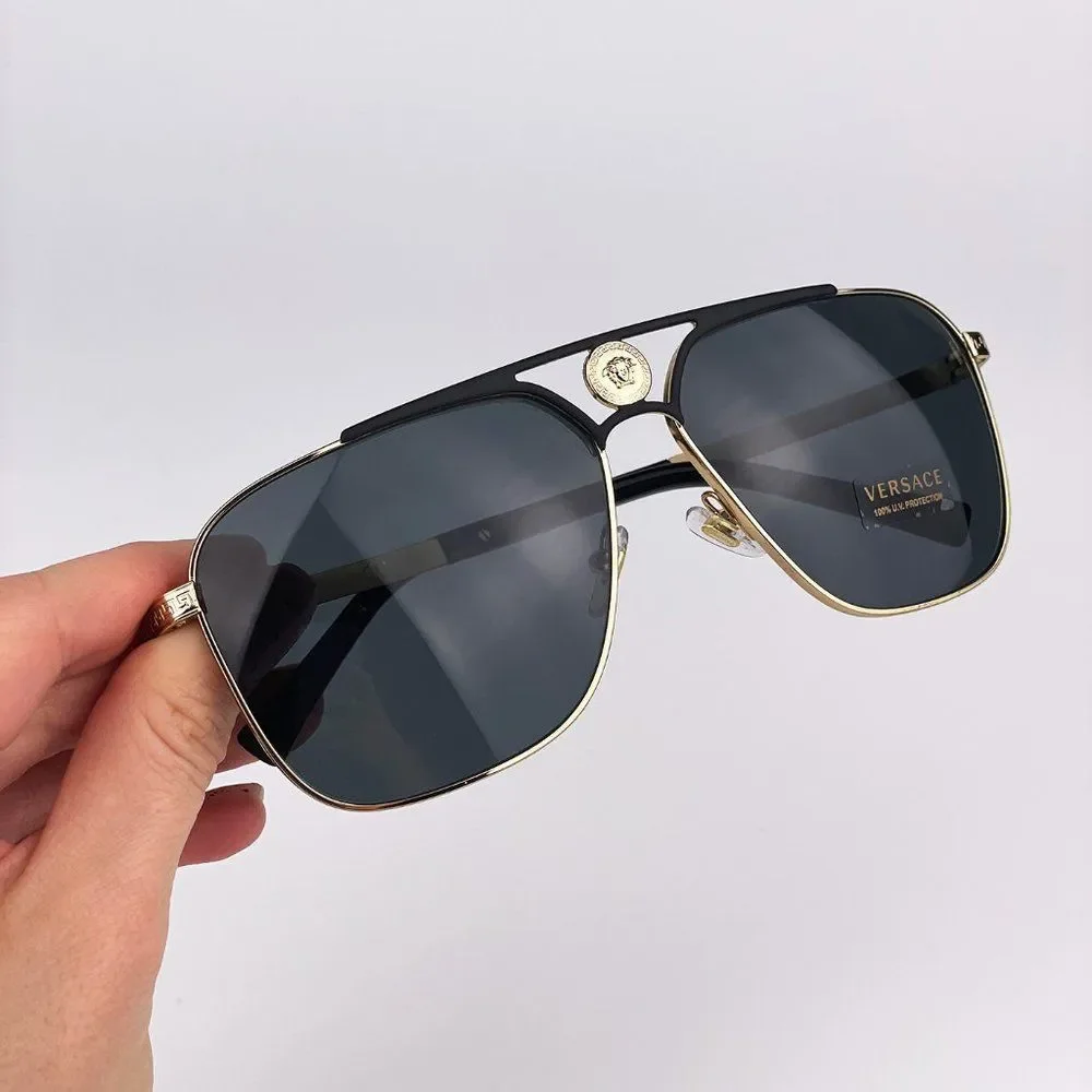 Versace VE2238 143687 Sunglasses Gold Black Gray Rectangle Metal Men